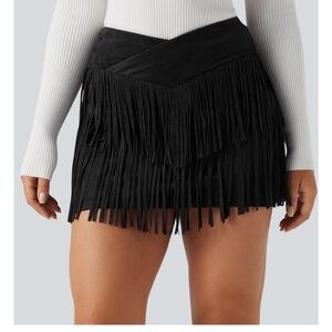 Halara Crossover High Waisted 2-in-1 Fringe Hem Bodycon Mini Suede Skirt - Sz lg